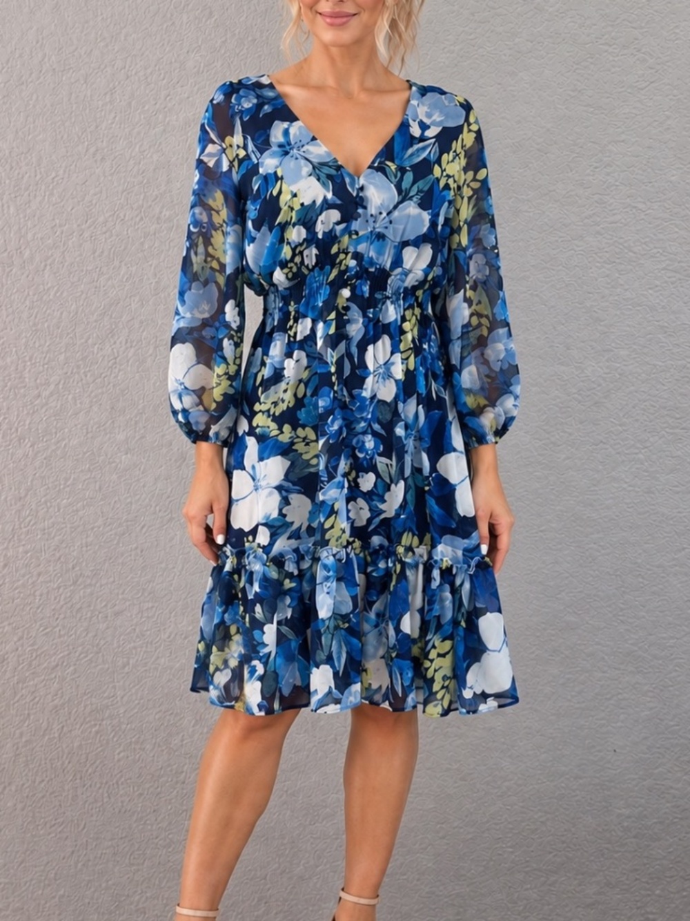 Just Taylor New Floral Blue Boho Chiffon Smocked Waist Midi Dress Size 10